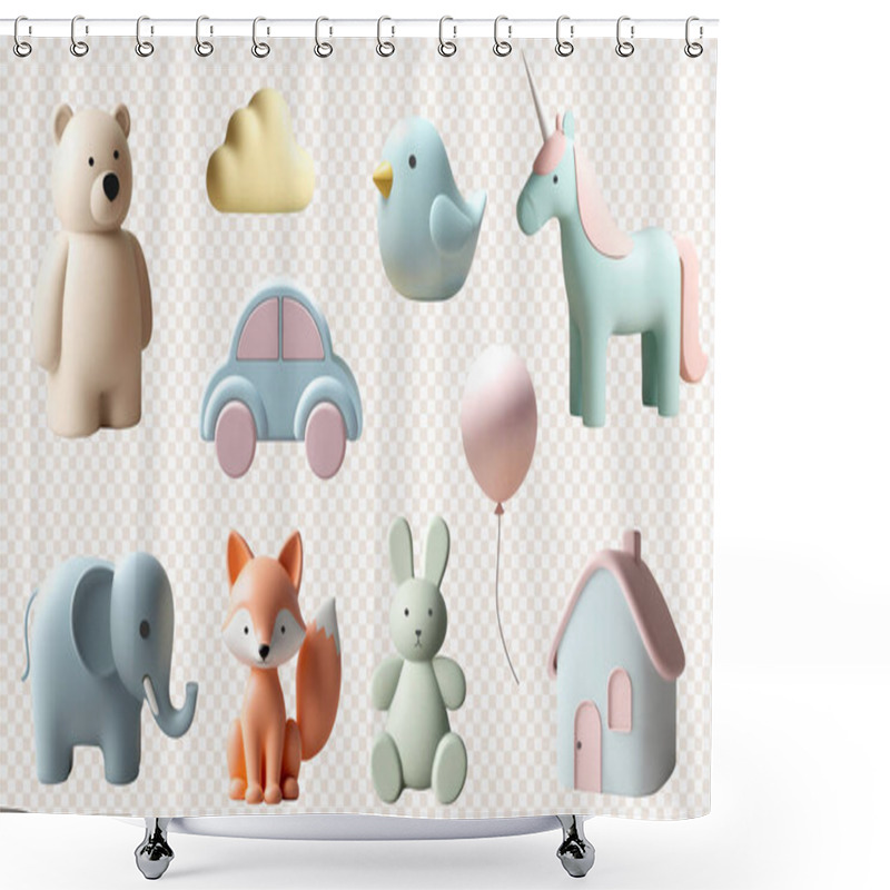 Personality  3d Rendering Set With Cute Kids Toys. 3d Realistic Bear, Bunny, Car, Unicorn, Fox, Elephant, House In Pastel Colors Shower Curtains