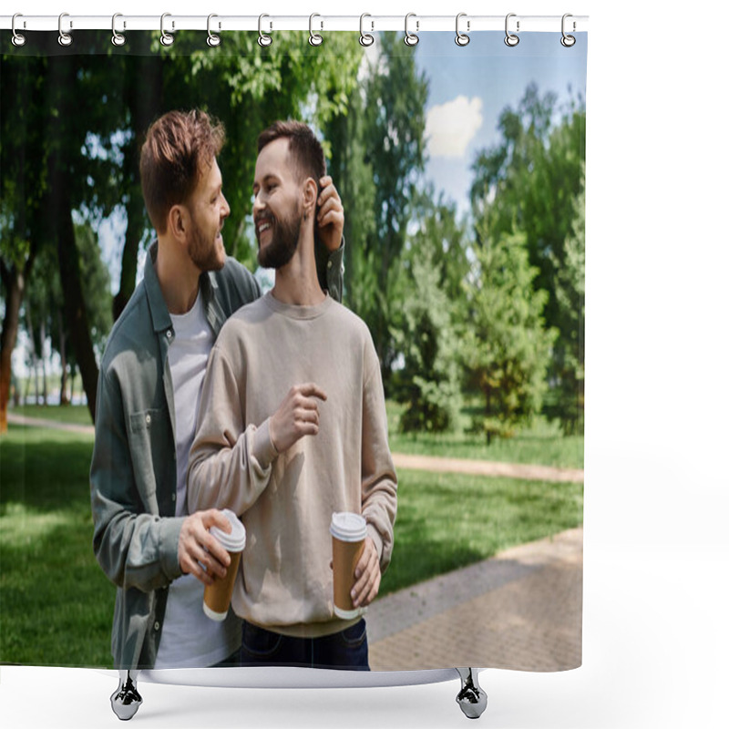 Personality  A Bearded Gay Couple Enjoys A Coffee Date In A Lush Green Park, Sharing A Tender Moment. Shower Curtains