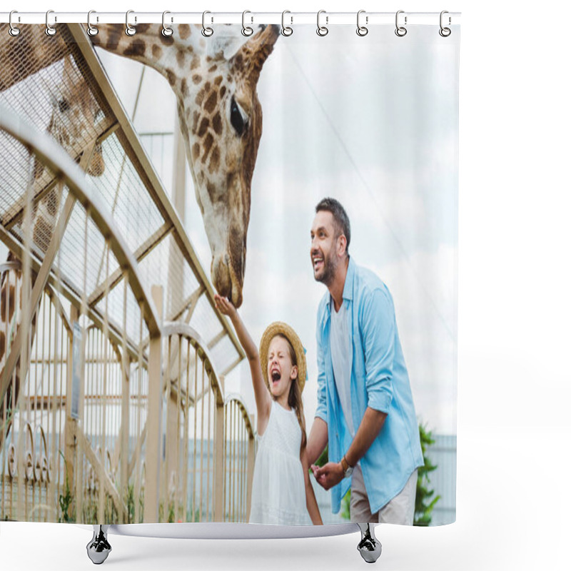 Personality  Selective Focus Of Cheerful Man And Kid With Closed Eyes Feeding Giraffe In Zoo  Shower Curtains