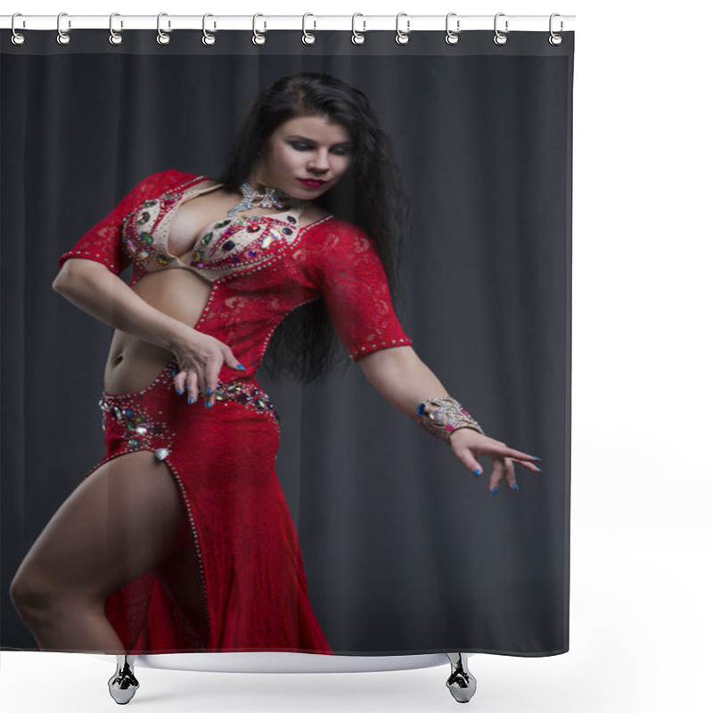 Personality  Young Beautiful Exotic Eastern Women In Ethnic Red Dress On Gray Background Shower Curtains