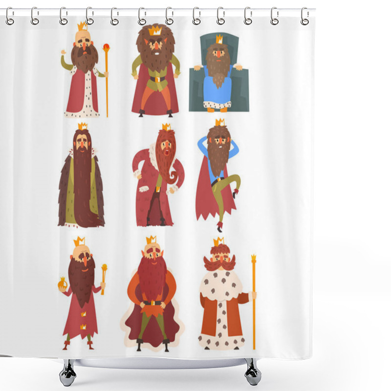 Personality  Set Of Different Funny Bearded Kings In Different Actions. Old Men Wearing Gold Crowns, Mantels And Armor. Rulers Of Kingdoms. Cartoon Characters. Flat Vector Illustration Isolated On White Background Shower Curtains