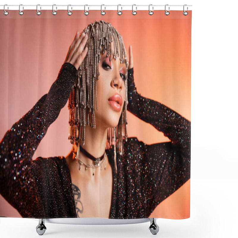 Personality  Portrait Of Tattooed Woman In Black Lurex Dress Touching Wig With Shiny Rhinestones On Coral Pink Background Shower Curtains