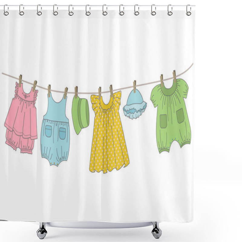 Personality  Baby Clothes Hang On The Clothesline. Things Are Dried On Clothespins After Washing. Vector Illustration. Shower Curtains