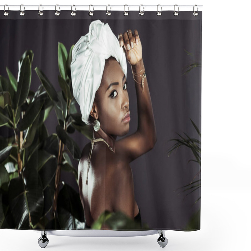 Personality  Sensual African American Woman In Wire Head Wrap Behind Leaves Shower Curtains