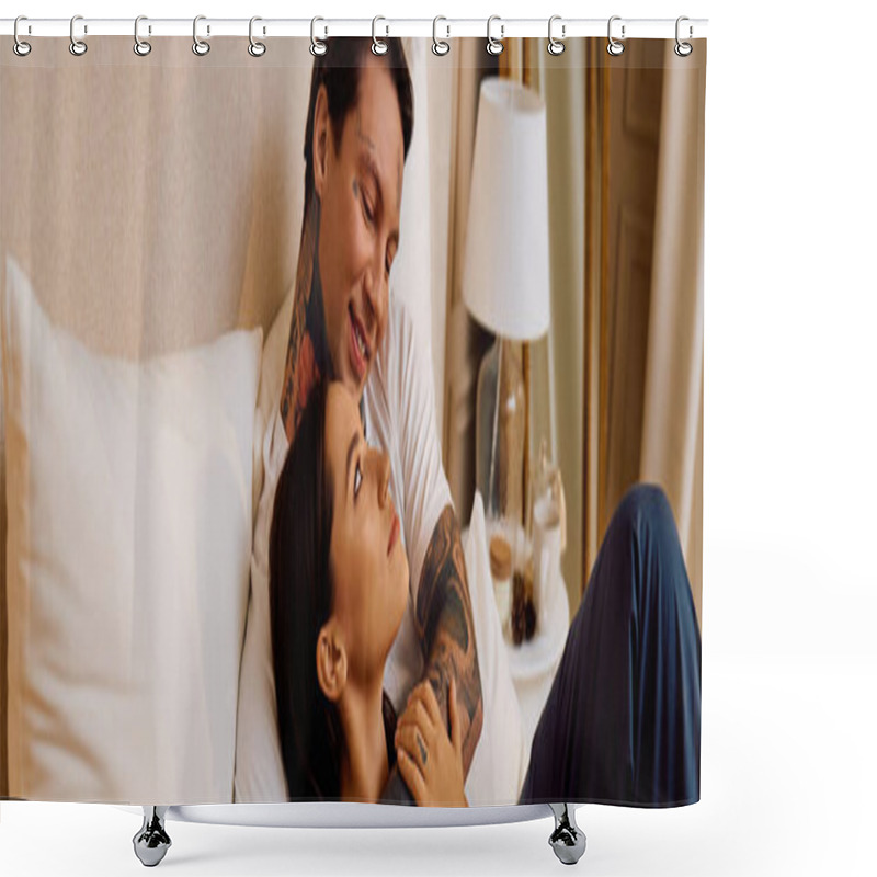 Personality  A Couple Shares Tender Moments In Each Others Embrace On A Soft Bed, Smiling Lovingly. Shower Curtains