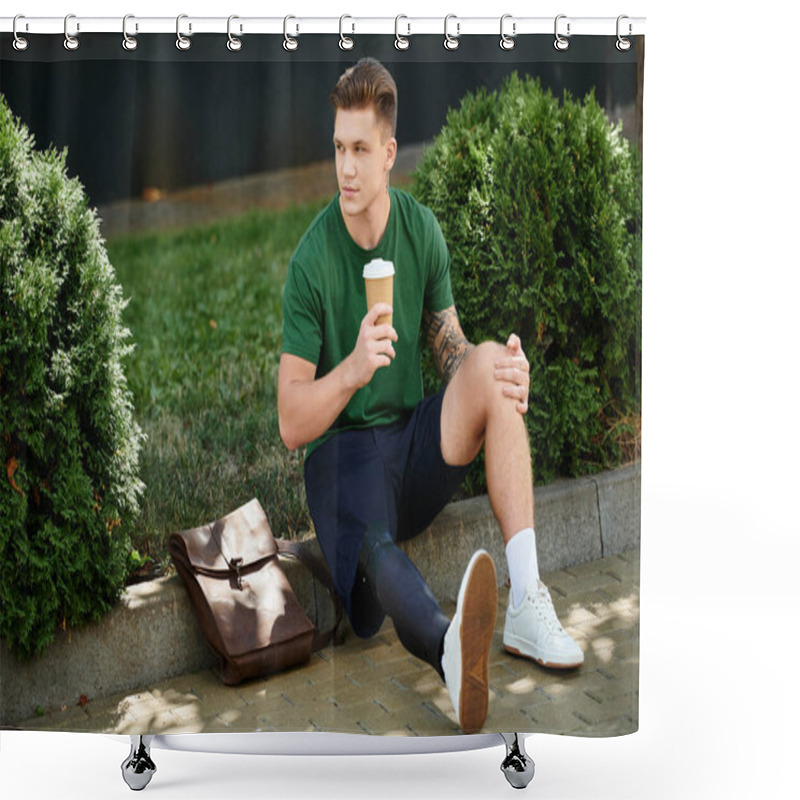 Personality  A Young Man With A Prosthetic Leg Relaxes Outdoors, Savoring His Coffee Amidst Lush Greenery. Shower Curtains