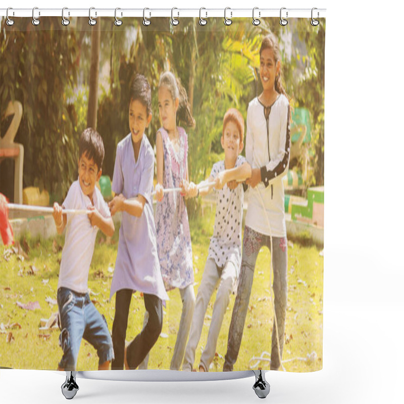 Personality  Group Of Multi Racial Children Playing Tug Of War Game Kindergarten - Multi Ethnic Kids Playing Outdoor Games Against Racism. Shower Curtains