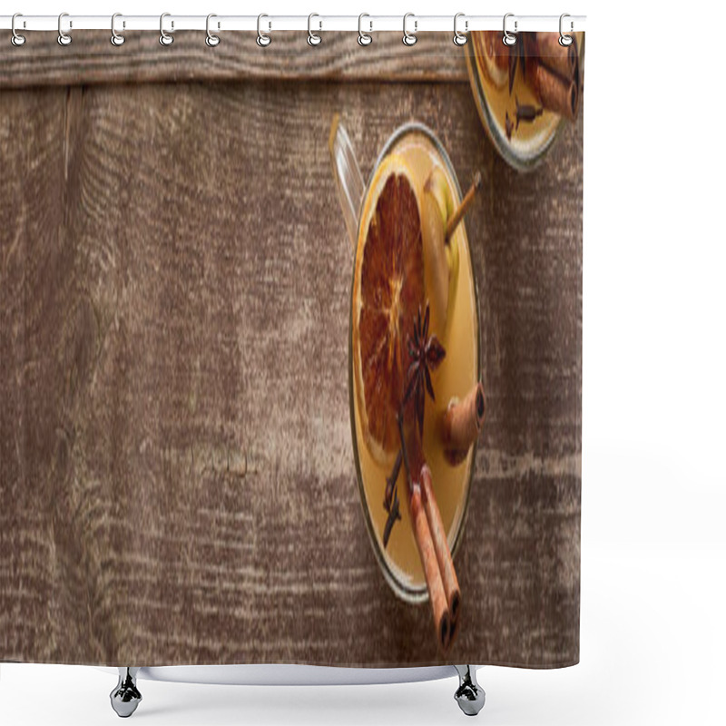 Personality  Top View Of Traditional Warm Pear Mulled Wine Cocktail With Spices And Dried Citrus On Wooden Rustic Table, Panoramic Shot Shower Curtains