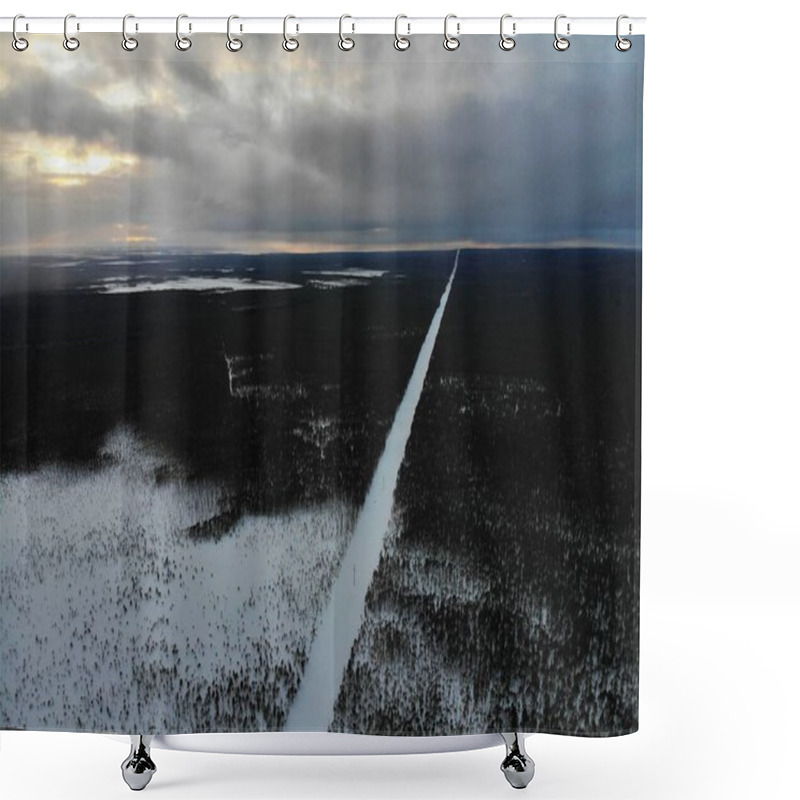 Personality  Straight Line In Winter Forest Aerial View Shower Curtains