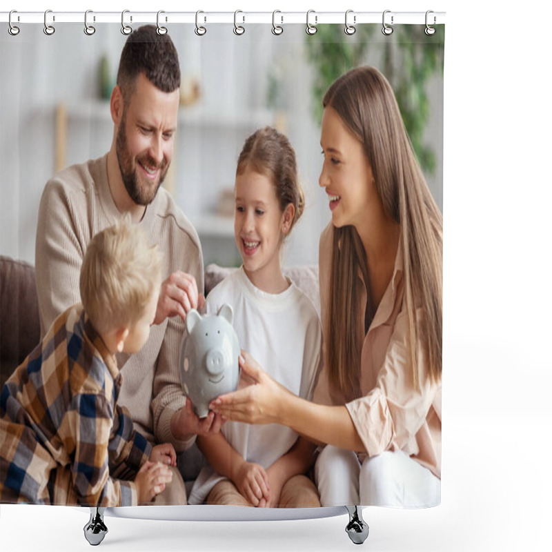 Personality  Happy Family: Cheerful Mother And Father With Kids Smiling And Putting Coins Into Piggy Bank While Sitting On Sofa At Hom Shower Curtains