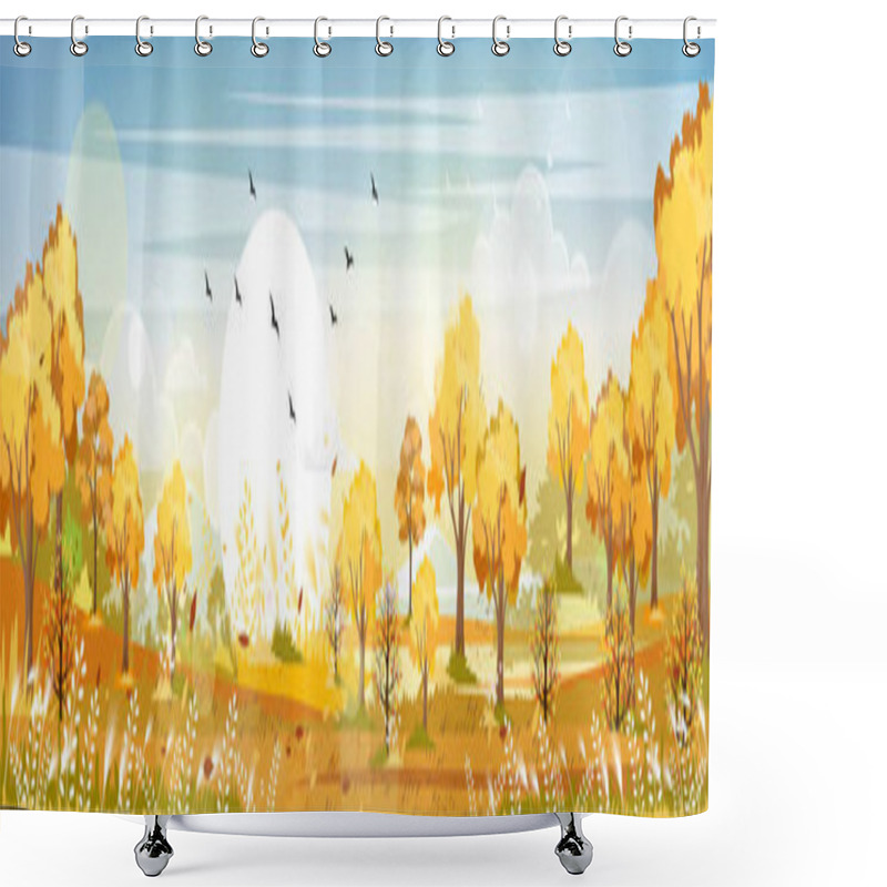 Personality  Panorama Of Countryside Landscape In Autumn, Vector Illustration Of Horizontal Banner Of Autumn Landscape, Barn, Mountains And Maple Leaves Falling From The Trees In Yellow Foliage. Fall Seasons  Shower Curtains