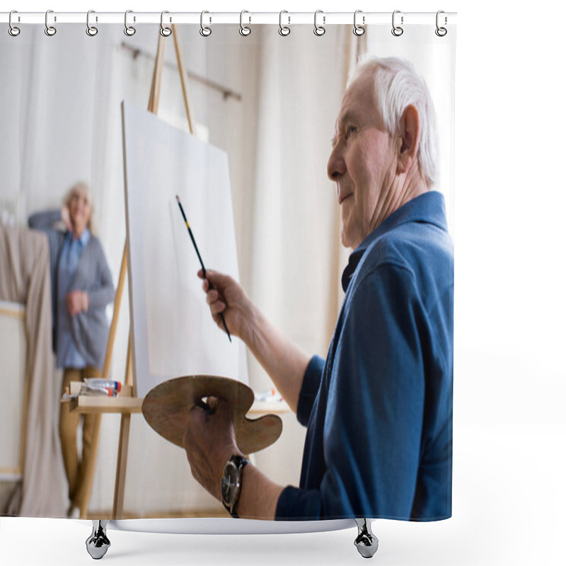 Personality  Man Drawing Portrait Of Woman Shower Curtains