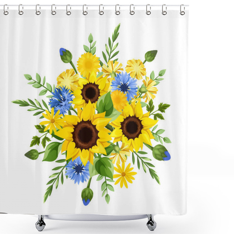 Personality  Bouquet Of Blue And Yellow Sunflowers, Cornflowers, Dandelion Flowers, And Green Leaves Isolated On A White Background. Vector Illustration Shower Curtains