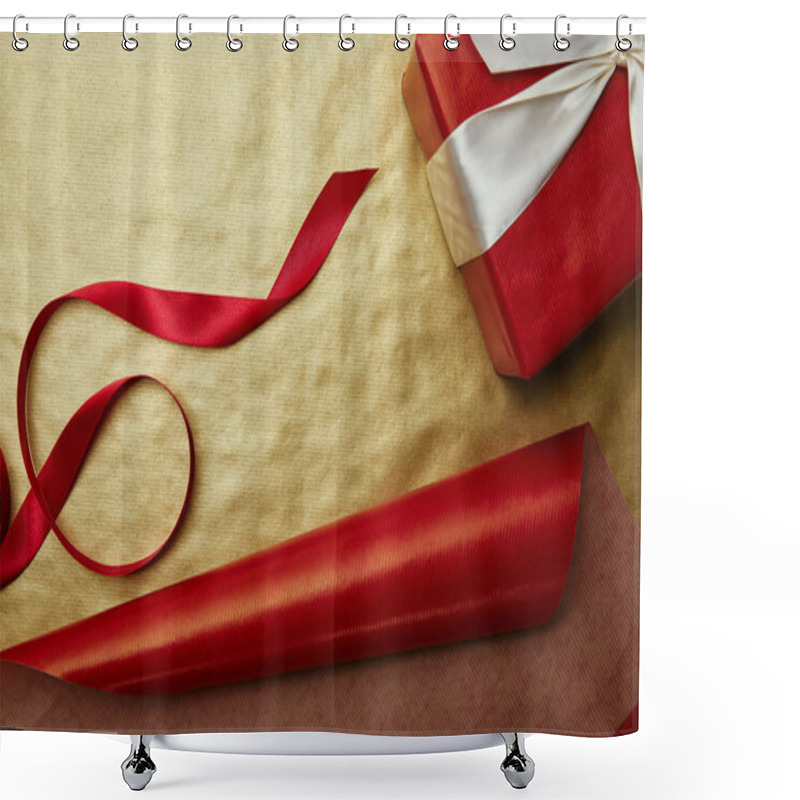 Personality  Top View Of Gift And Ribbon On Red And Golden Wrapping Papers Background Shower Curtains