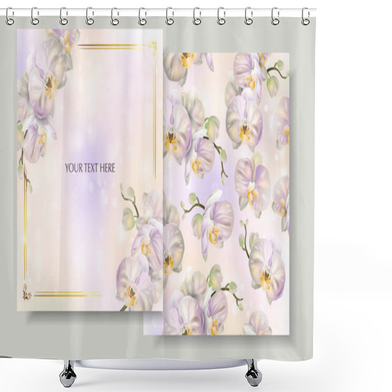 Personality  Set Of Vector Banners With Blossoming Orchid Flowers.Template For Greeting Cards, Wedding Decorations, Invitation, Sales, Packaging. Spring Or Summer Design. Place For Text. Shower Curtains