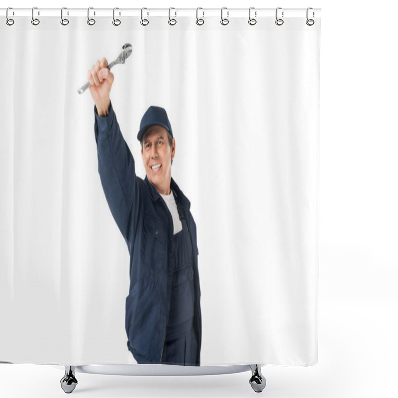 Personality  Handsome Plumber In Uniform Holding Adjustable Wrench Isolated On White Shower Curtains