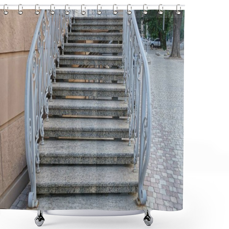 Personality  Gray Concrete Steps Of The Stairs With Handrails Near The Wall Of The House On The Sidewalk Shower Curtains