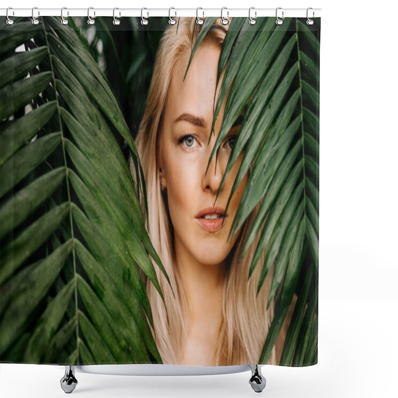 Personality  Young Woman's Face Surrounded By Tropical Leaves. Closeup Portrait Of Magnificent Lady With Natural Nude Makeup, Perfect Skin, Blonde Hair. Natural Cosmetic, Wellness, Purity, Skincare, Beauty Concept Shower Curtains