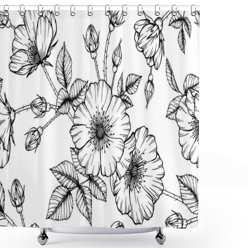 Personality  Seamless Rosa Canina Flower Pattern Background. Black And White With Drawing Line Art Illustration. Shower Curtains