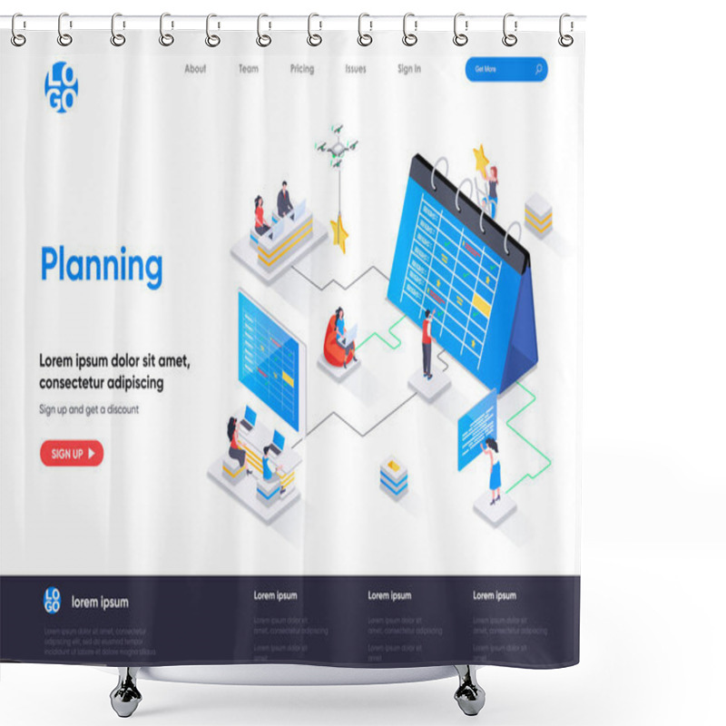 Personality  Planning Isometric Landing Page. Business Planning, Organizing Work Activities And Tasks Isometry Concept. Time Management And High Productivity Flat Design. Vector Illustration With People Characters Shower Curtains