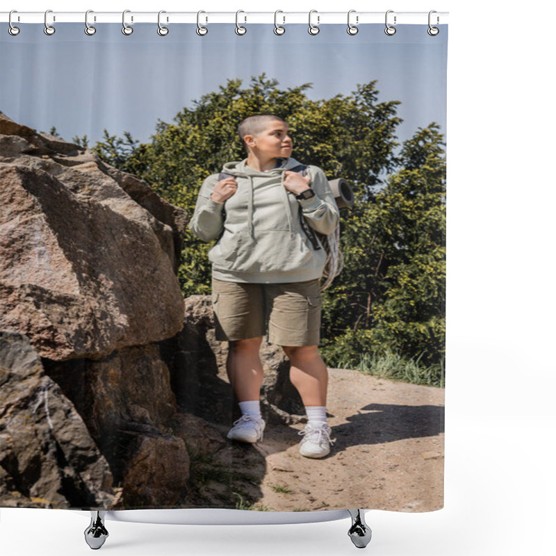 Personality  Young Short Haired Female Tourist With Fitness Tracker And Backpack Looking Away While Standing Near Stones With Nature And Blue Sky At Background, Exploring New Horizons, Translation Of Tattoo: Love Shower Curtains