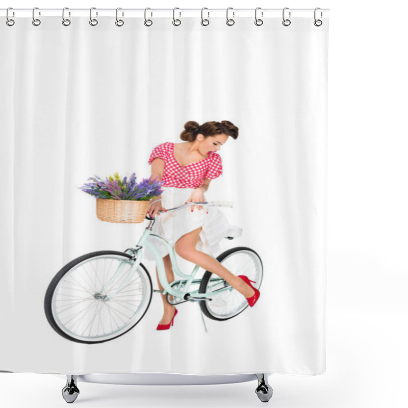 Personality  Attractive Pin Up Woman On Retro Bicycle Isolated On White Shower Curtains