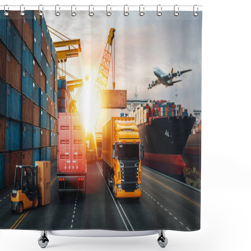 Personality  Transportation And Logistics Of Container Cargo Ship And Cargo Plane. 3d Rendering And Illustration. Shower Curtains