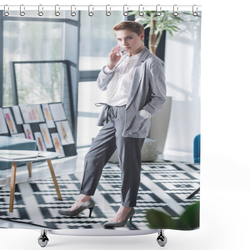 Personality  Attractive Young Fashion Designer Talking By Phone At Office Shower Curtains