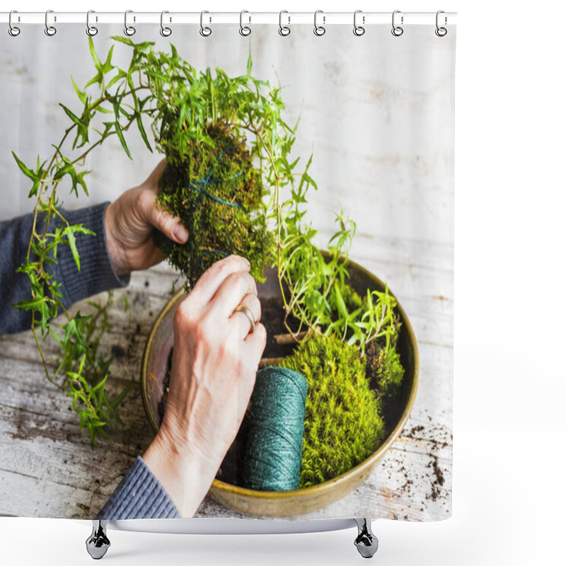 Personality  Making Kokedama With Moss And Ivy. Shower Curtains