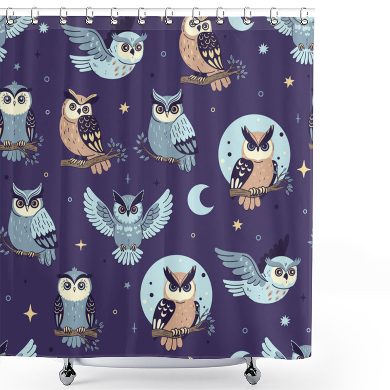 Personality  Seamless Pattern With Night Owls, Moon And Stars. Vector Image. Shower Curtains