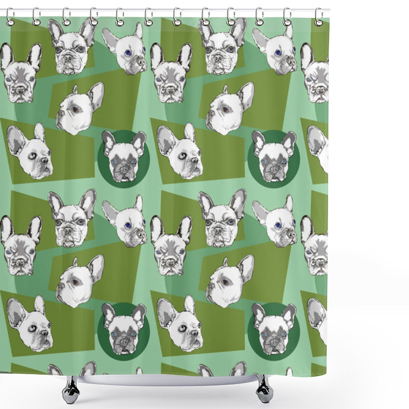 Personality  Seamless Pattern With French Bulldog On A Greenish Background Shower Curtains