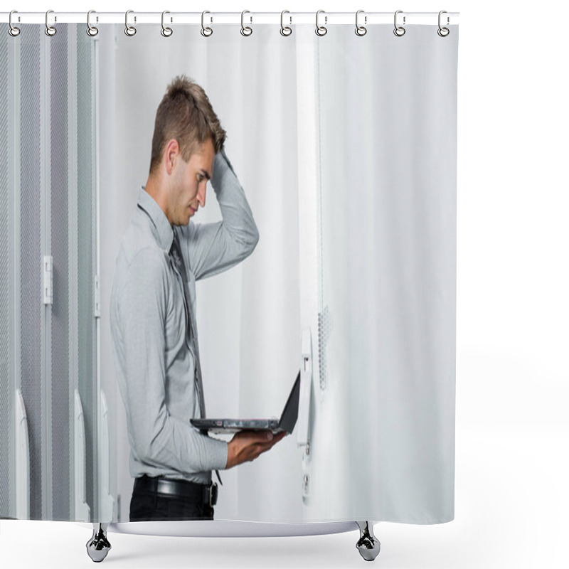 Personality  Portrait Of Modern Young Man Holding Laptop Standing In Server Room Working With Supercomputer Shower Curtains