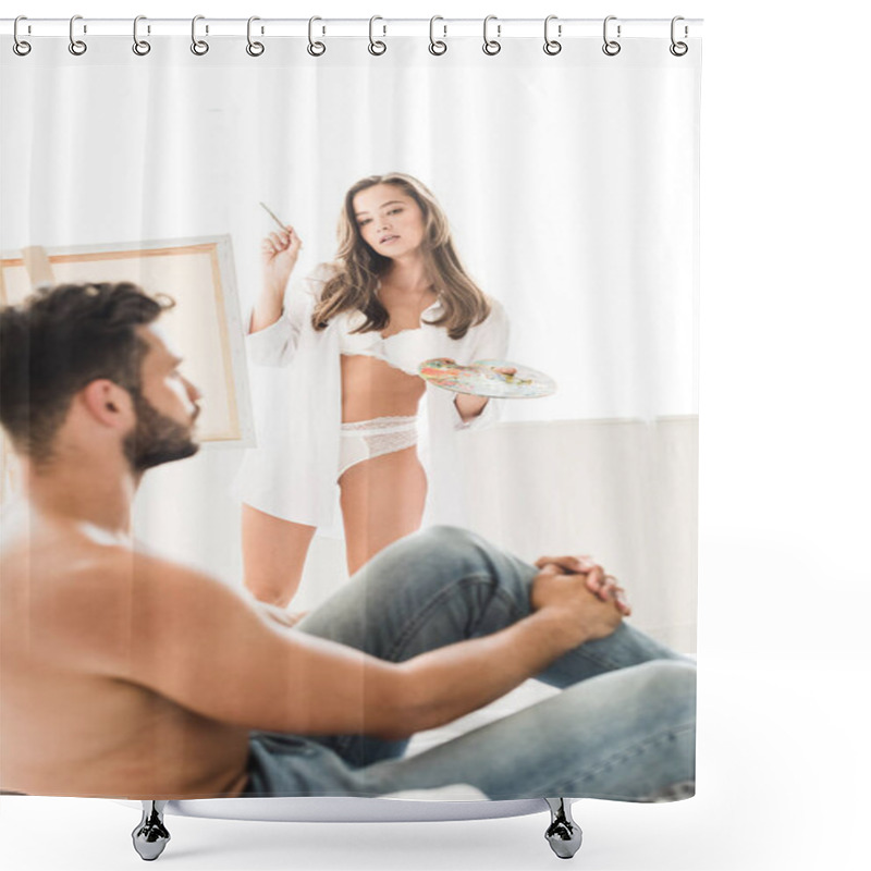 Personality  Selective Focus Of Sexy Girl In White Underwear Drawing Man While Guy Sitting In Bed Shower Curtains