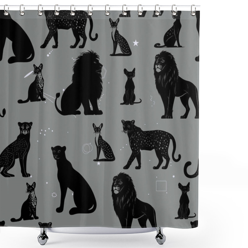 Personality  Seamless Pattern Of Big Cats On Gray Background. Silhouettes Of Lions, Leopards, And Wild Cats Design. Mystical Big Cat Pattern With Stars And Geometric Shower Curtains