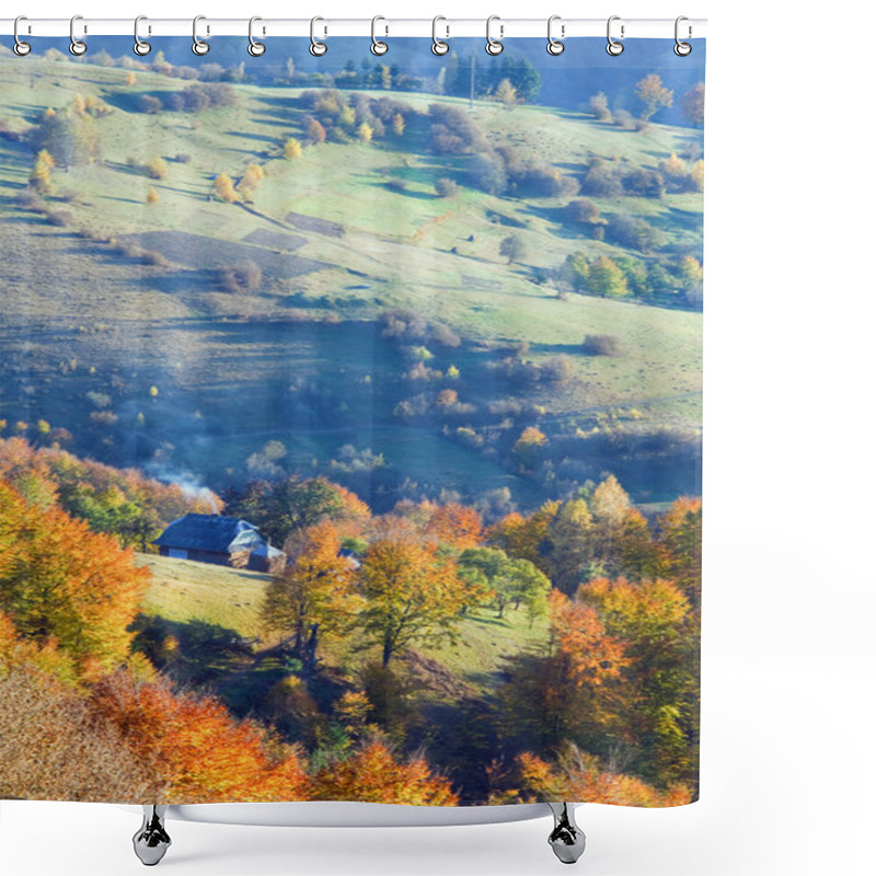 Personality  Autumn Mountain Village (Carpathian, Ukraine). Shower Curtains