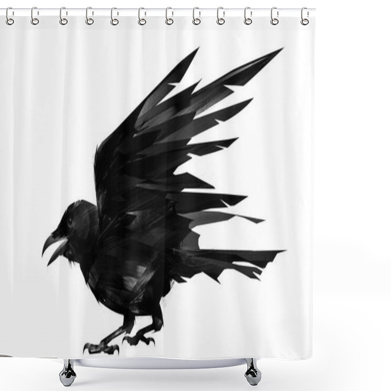 Personality  Drawn Black Bird Rook On White Background Shower Curtains