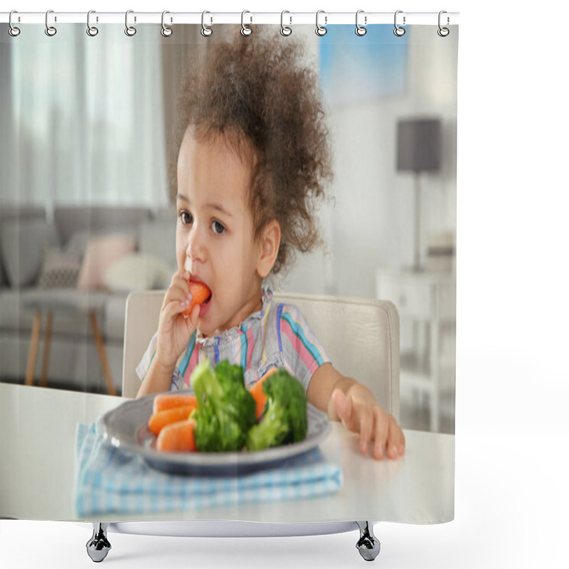 Personality  Cute African-American Girl Eating Vegetables At Table In Living Room Shower Curtains