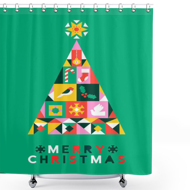 Personality  Merry Christmas Greeting Card Illustration Of Xmas Pine Tree With Winter Season Icons In Trendy Geometric Folk Style. Modern Scandinavian Design Includes Gift Box, Bird, Ornament And Snowflake. Shower Curtains