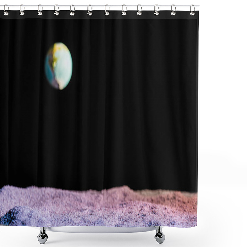 Personality  Sandy Ground With Blurred Planet Earth In Space Isolated On Black With Copy Space Shower Curtains