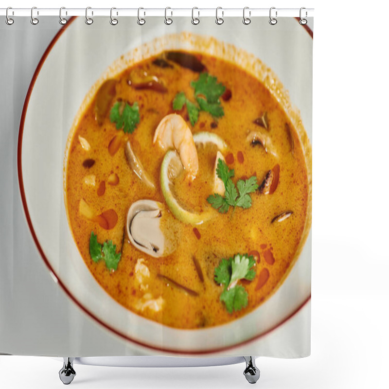 Personality  Spicy Thai Soup With Coconut Milk, Shrimp, Lemongrass And Cilantro On Grey Backdrop, Tom Yum Shower Curtains