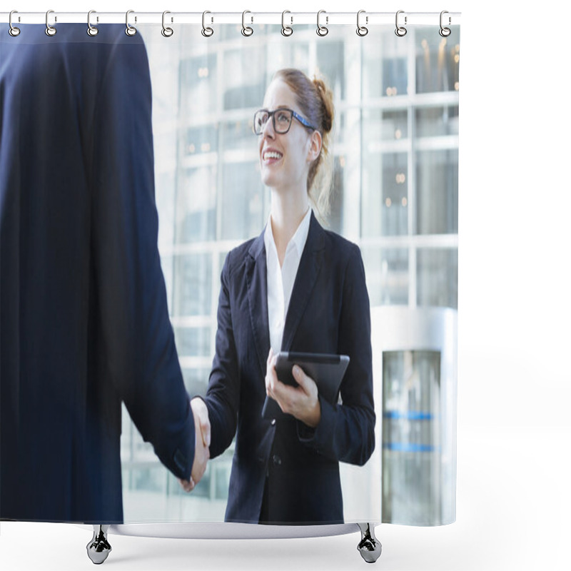 Personality  Two Young Business People Shaking Hands Shower Curtains