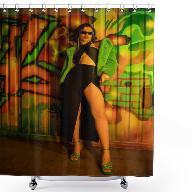 Personality  Trendy Asian Woman In Heels, Dress And Sunglasses Standing Near Graffiti On Wall In Night Club Shower Curtains