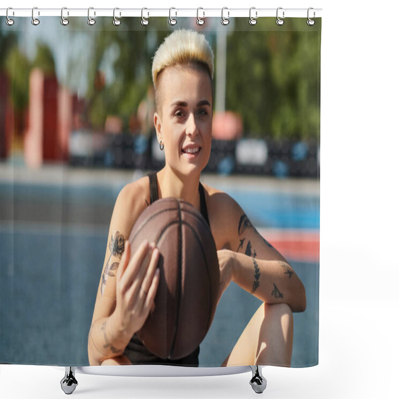 Personality  A Young Woman With Short Hair And Tattoos Sits On The Ground, Cradling A Basketball With A Look Of Determination. Shower Curtains