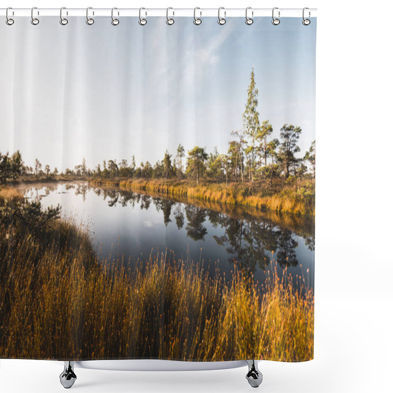 Personality  Clear Blue Sky Above The Crystal Clear Lake (bog) At Sunrise. Pine Trees And Heather Flowers In The Background. Symmetry Reflections On Water, Natural Mirror. Autumn In Kemeri National Park, Latvia Shower Curtains