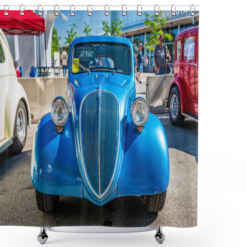 Personality  Falcon Heights, MN - June 18, 2022: High Perspective Front View Of A 1947 Fiat 500 Topolino Coupe At A Local Car Show. Shower Curtains