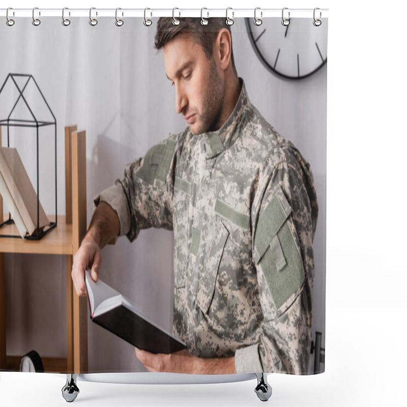 Personality  Serious Military Man In Uniform Holding Notepad Near Wooden Rack Shower Curtains