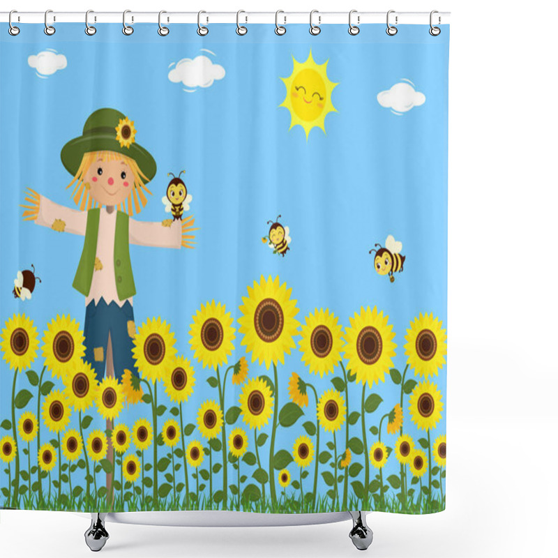 Personality  Sunflowers, A Scarecrow And Cute Bees Collect Nectar. Blue Sky, Sun, Clouds, Grass. Vector, Cartoon Style Shower Curtains