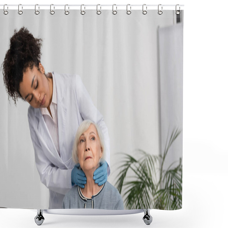 Personality  African American Doctor In Latex Gloves Checking Neck Of Patient In Clinic  Shower Curtains