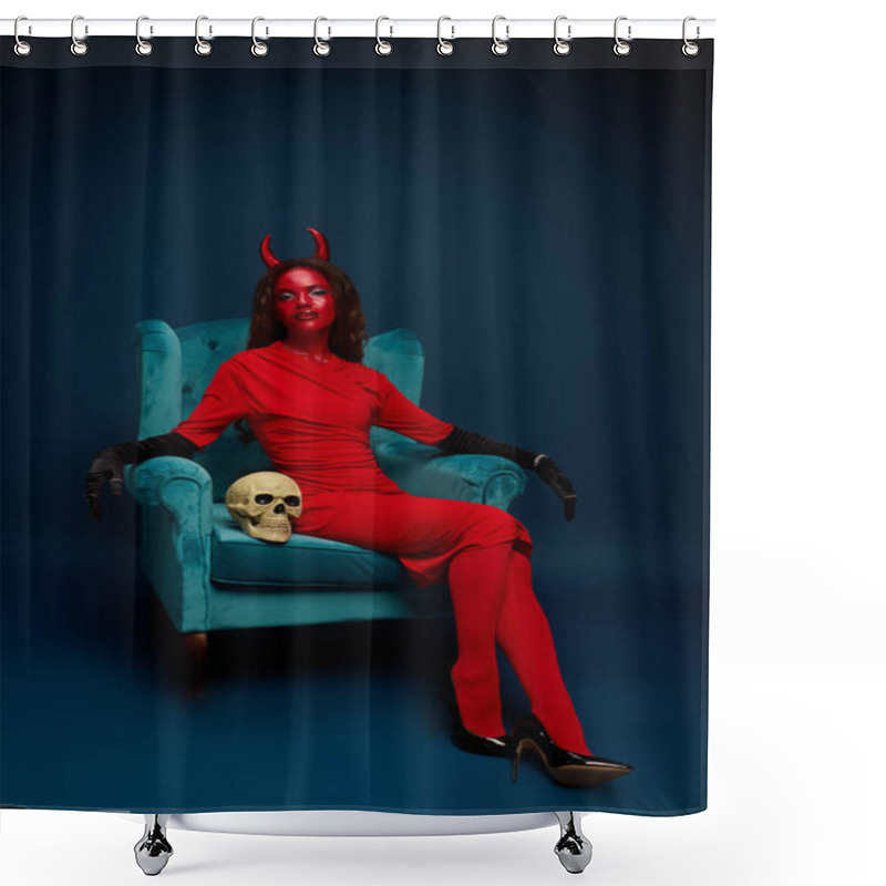 Personality  Glamorous Woman In A Striking Red Costume And Horns Sits Elegantly Beside A Decorative Skull. Shower Curtains