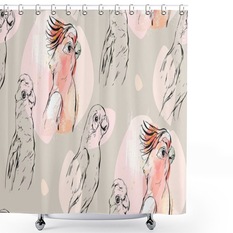 Personality  Hand Drawn Vector Abstract Textured Graphic Seamless Pattern Collage With Exotic Tropical Parrots In Pastel Color Isolated On Pastel Background Shower Curtains